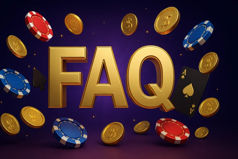 世博娛樂常見問題封面，金色問號與籌碼（發財風格）