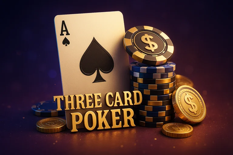 炸金花主視覺：三張牌與籌碼特寫，體現快速節奏與心理博弈