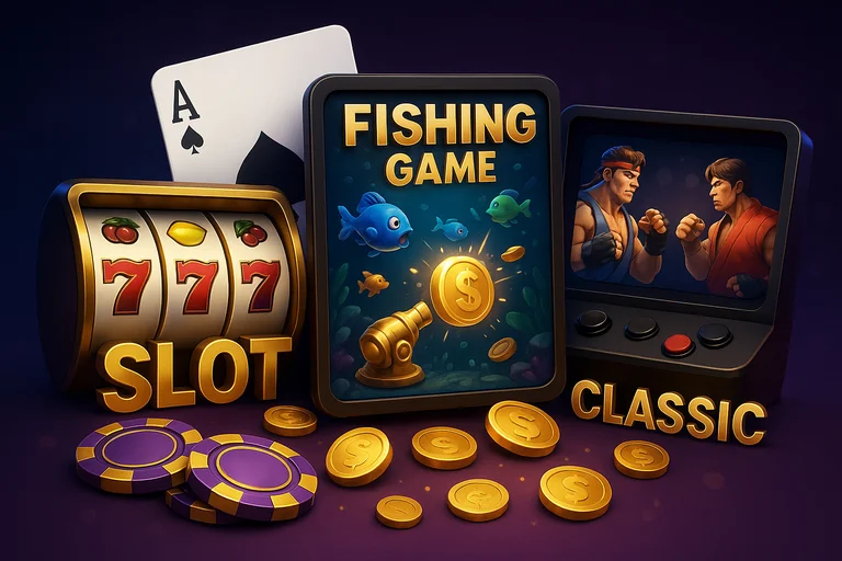 電子遊戲主視覺：老虎機、捕魚機與經典電玩元素集合