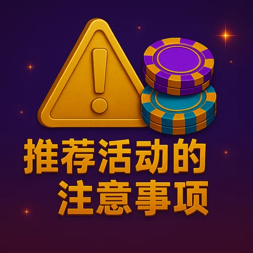 推薦活動注意事項：金色警示標誌與籌碼，提示條款與防濫用（發財風格）