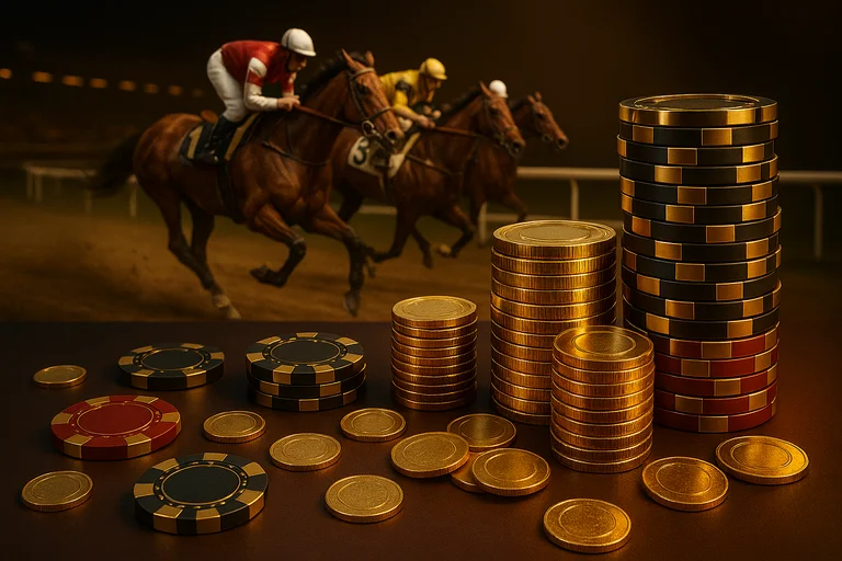 賽馬投注主視覺，賽馬衝刺與金色光效（寫實風）