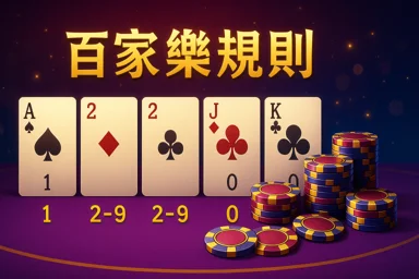 百家樂規則示意：牌點數與計分方式（A=1；10/J/Q/K=0）