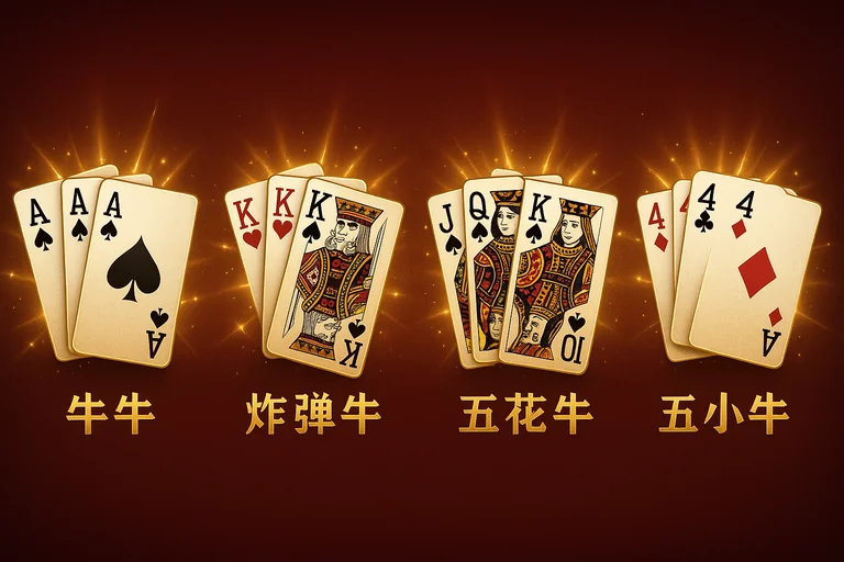 鬥牛牌型大小與特殊牌型圖解（無牛、牛一至牛九、牛牛、炸彈牛、五花牛、五小牛）