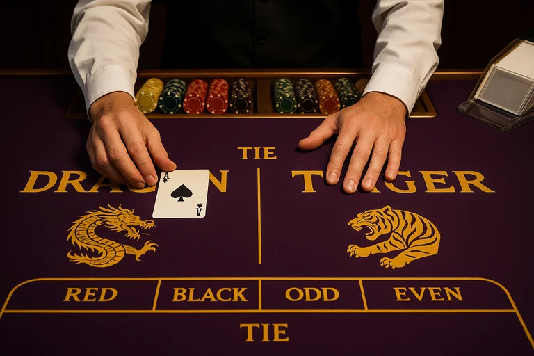 龍虎鬥規則示意：A 最小、K 最大，基本流程與比大小圖解