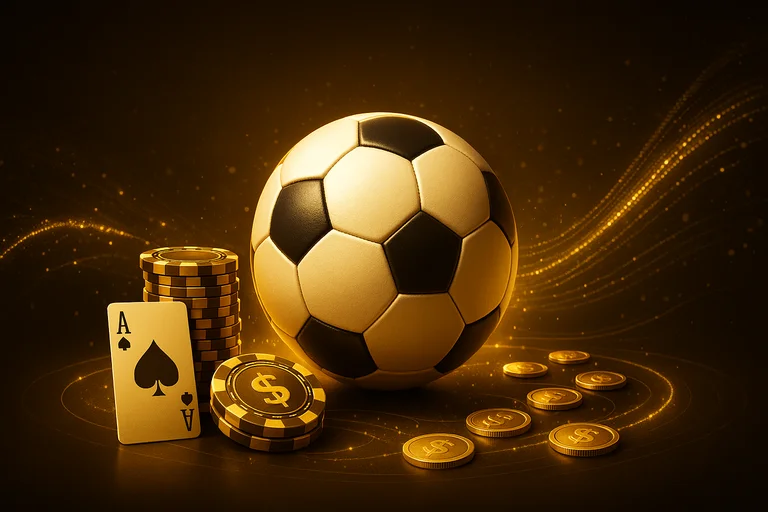 足球投注主視覺，綠茵球場與金色籌碼光效