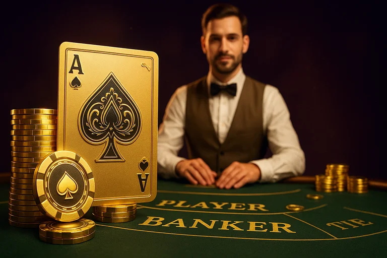 真人百家樂賭桌與黑桃A，專業荷官（發財風格）