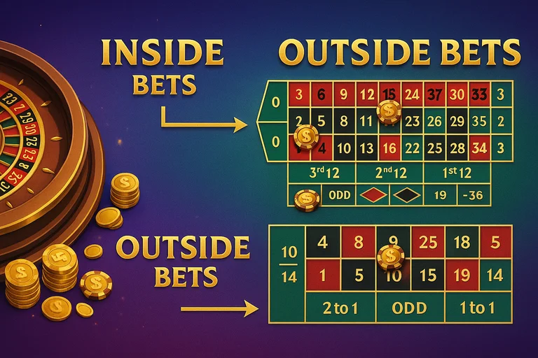 輪盤下注類型佈局示意：內圍、外圍與賽道注