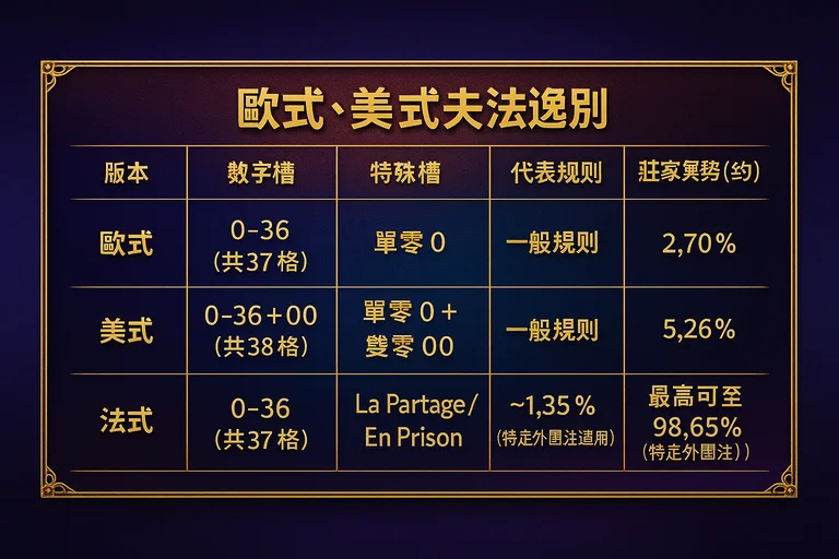 歐式、美式、法式輪盤差異示意：單零與雙零配置