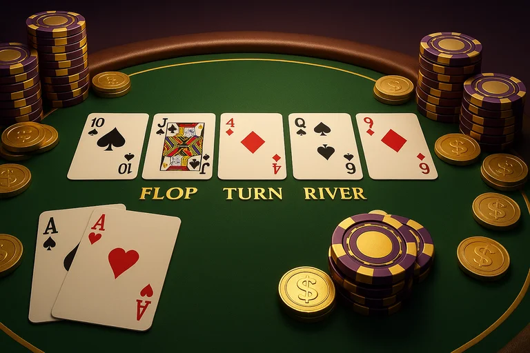 德州撲克流程圖：Flop、Turn、River 下注階段