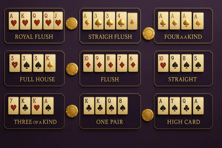 德州撲克牌型圖解：皇家同花順到高牌