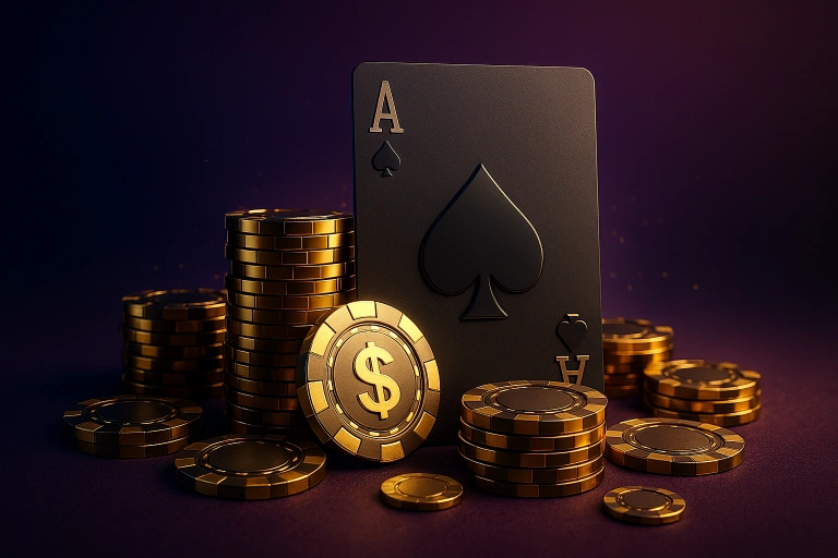 世博娛樂百家樂主視覺，黑桃A與金色籌碼（發財風格）