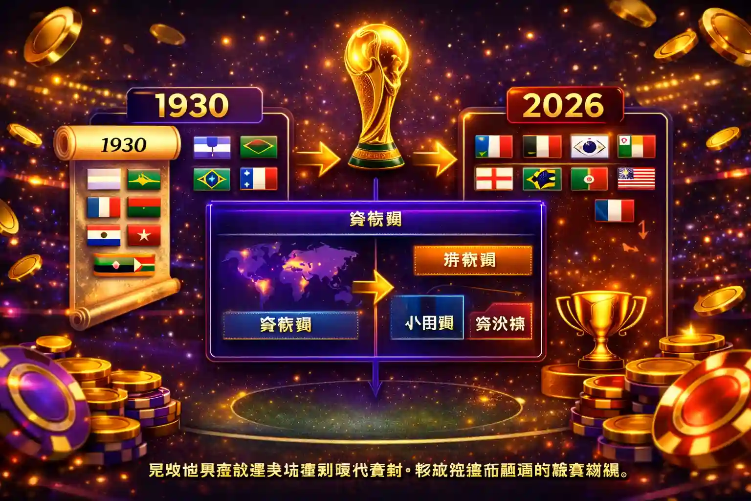 足球世界盃整體賽制與歷史演變概念圖